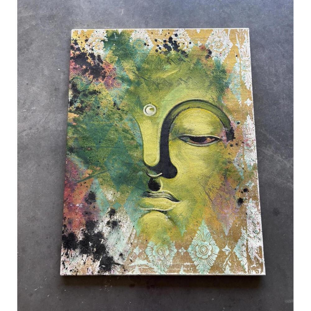 Buddha Acrylic Canvas Painting 34x26 Bali Thai Energy Handmade OOAK Wall Art